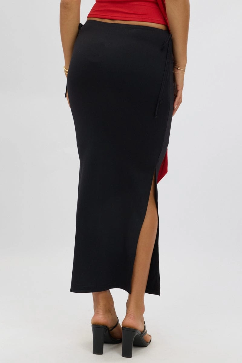 Black Midaxi Skirt Elastic Waist Spliced Bow Supersoft