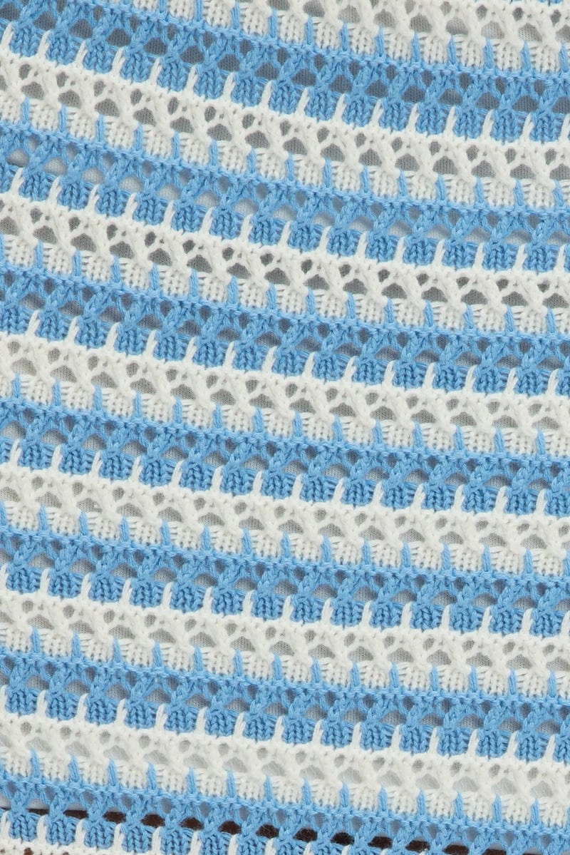 Blue Stripe Crochet Knit Skirt Elastic Waist Midi Lined