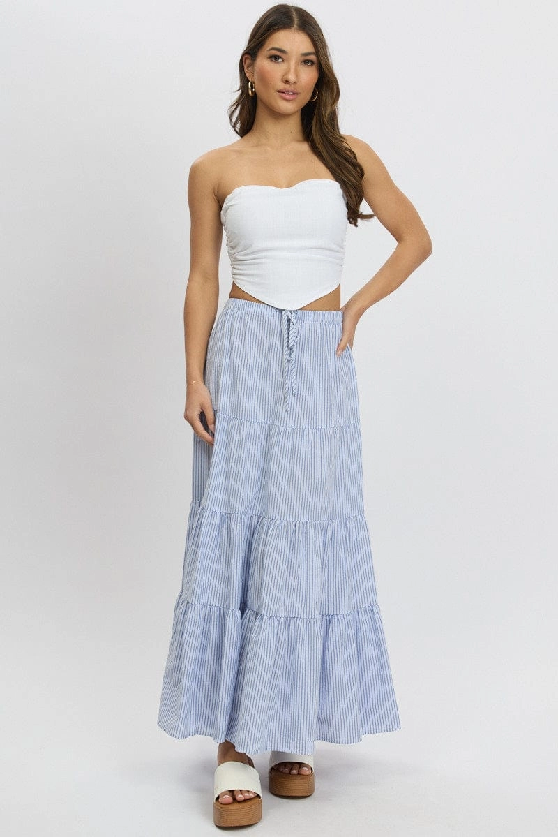 Blue Stripe Maxi Skirt Tiered High Rise Elastic Waistband