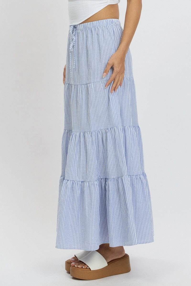 Blue Stripe Maxi Skirt Tiered High Rise Elastic Waistband