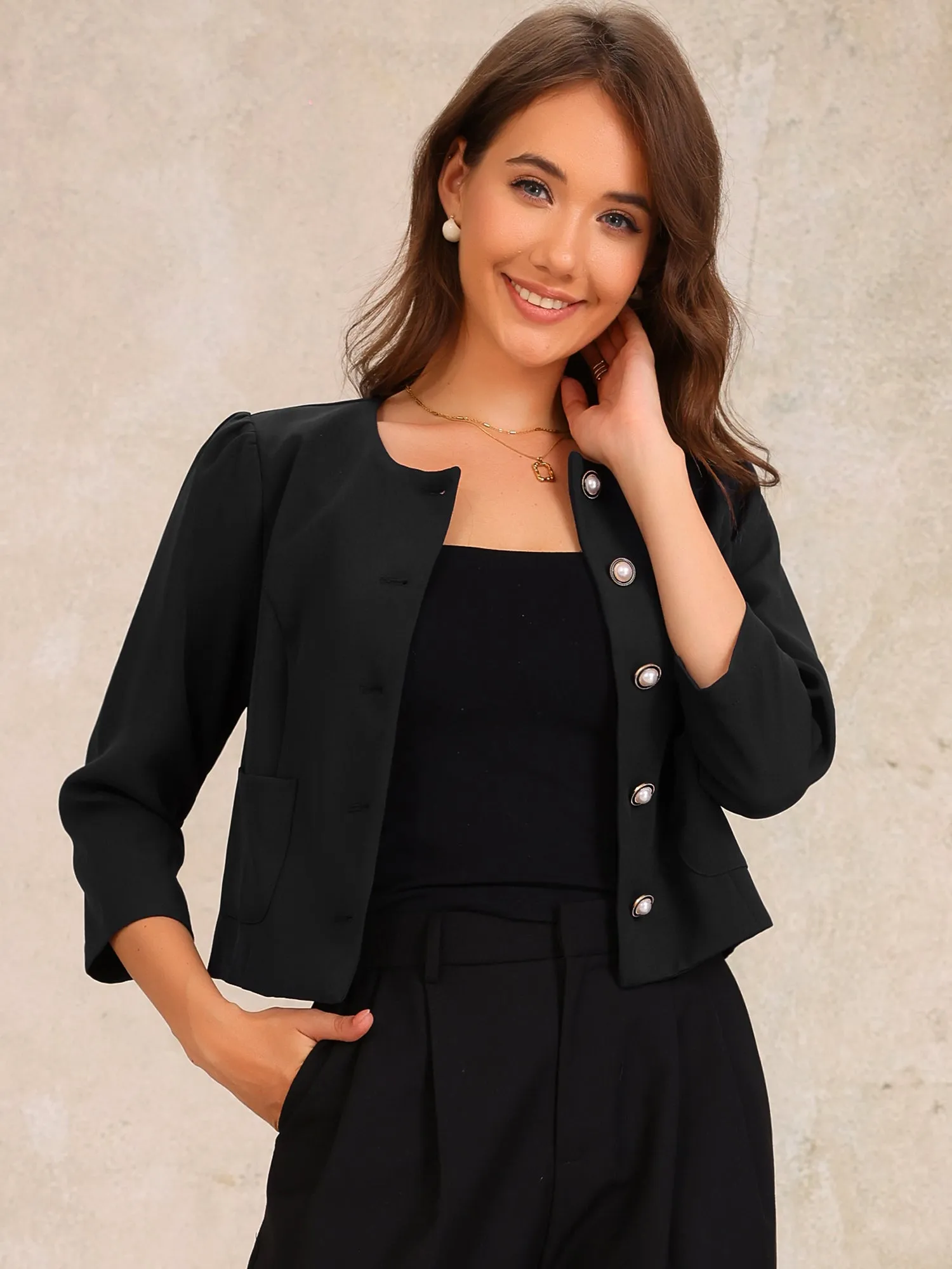 Collarless 3/4 Sleeve Lightweight Pockets Cropped Jacket