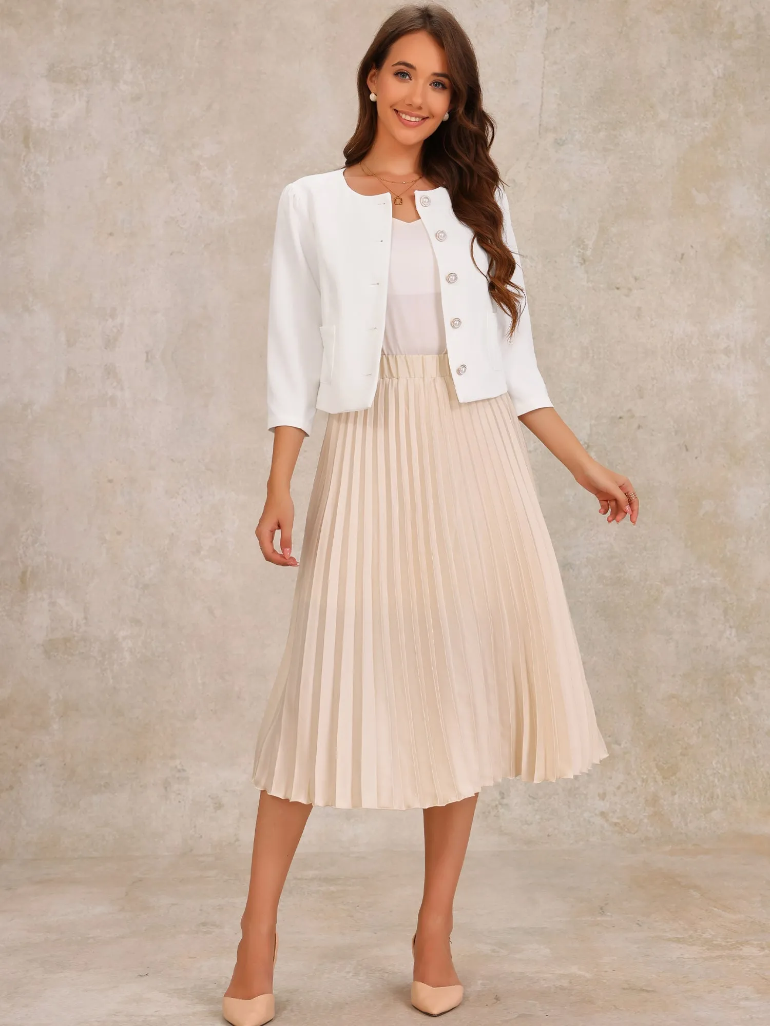 Collarless 3/4 Sleeve Lightweight Pockets Cropped Jacket