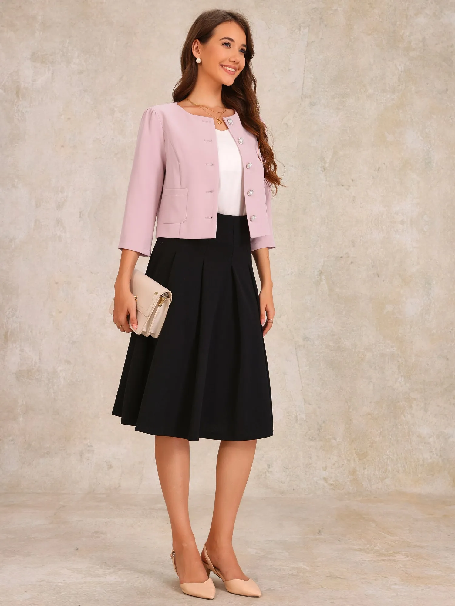 Collarless 3/4 Sleeve Lightweight Pockets Cropped Jacket