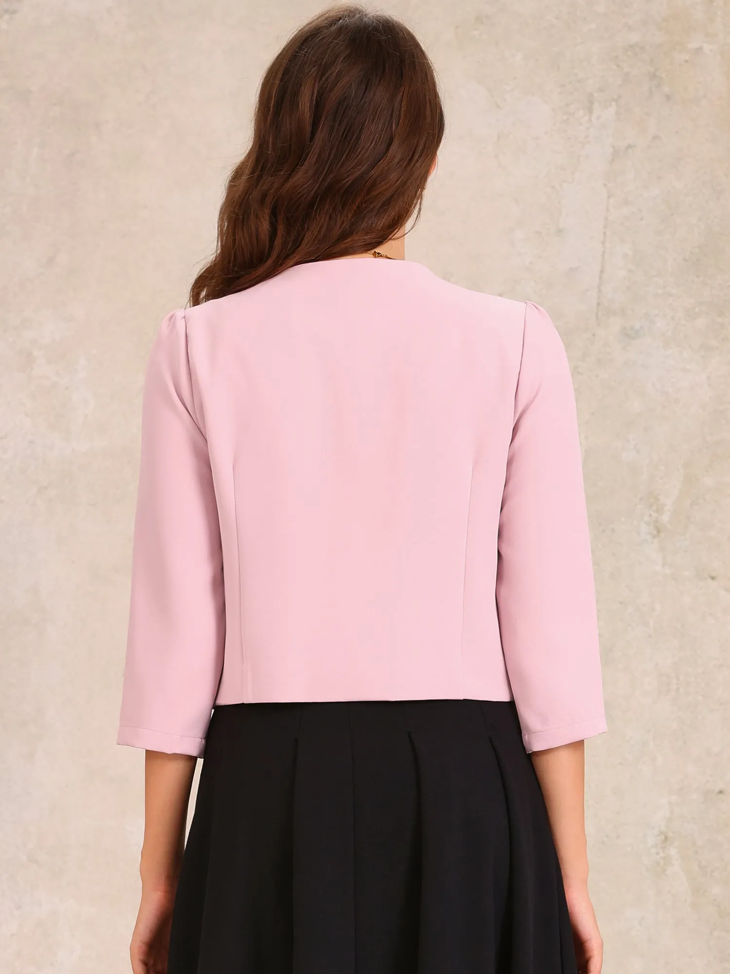 Collarless 3/4 Sleeve Lightweight Pockets Cropped Jacket