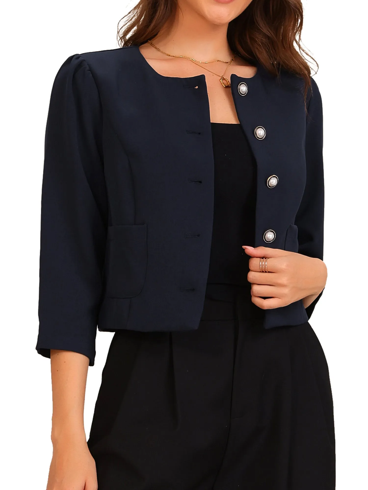 Collarless 3/4 Sleeve Lightweight Pockets Cropped Jacket