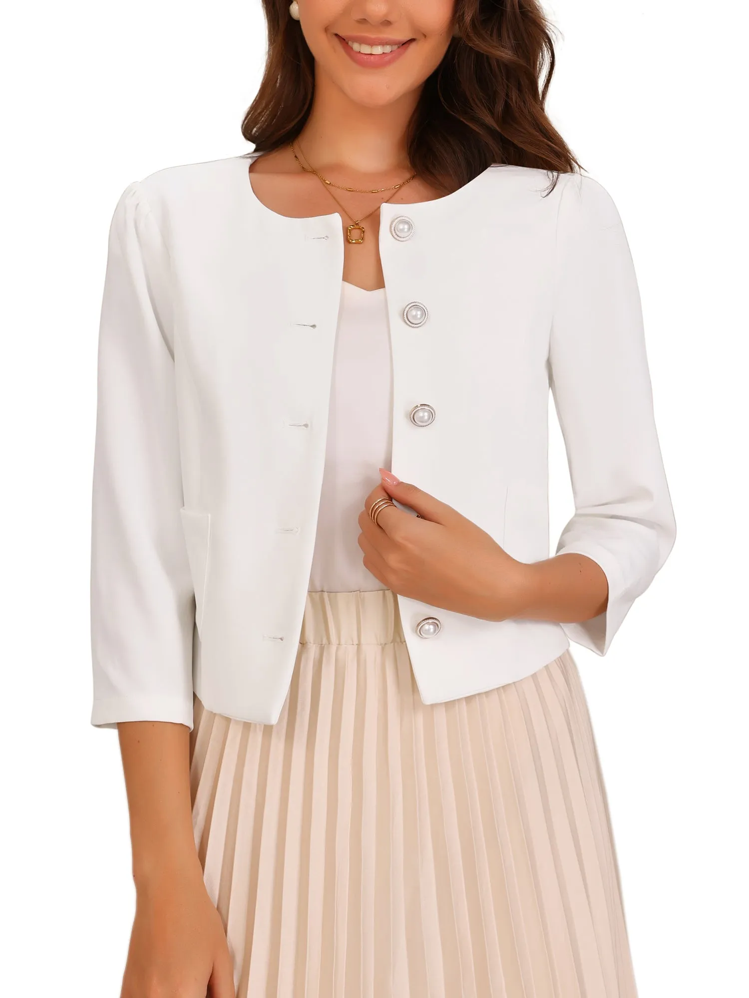 Collarless 3/4 Sleeve Lightweight Pockets Cropped Jacket