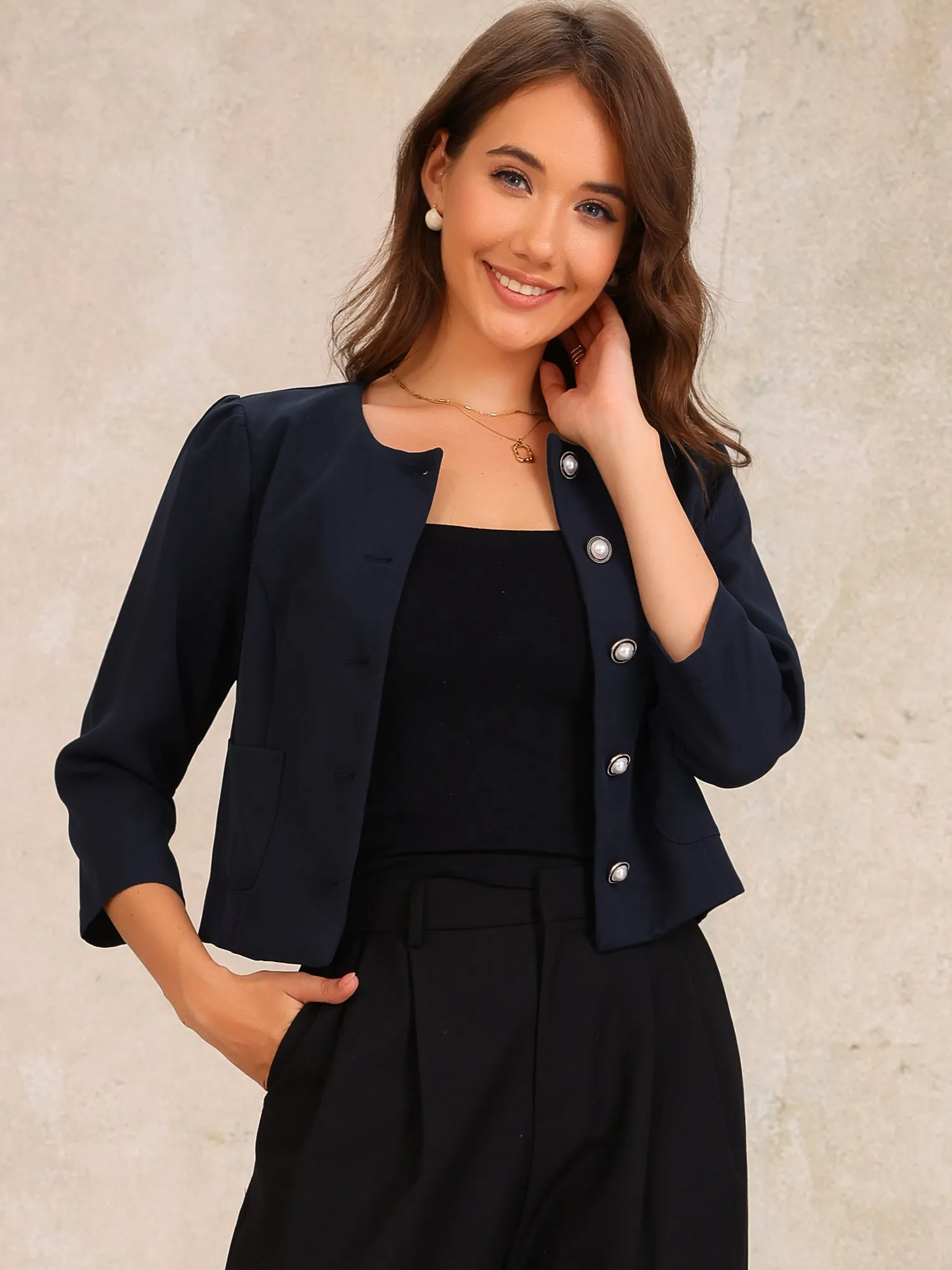 Collarless 3/4 Sleeve Lightweight Pockets Cropped Jacket