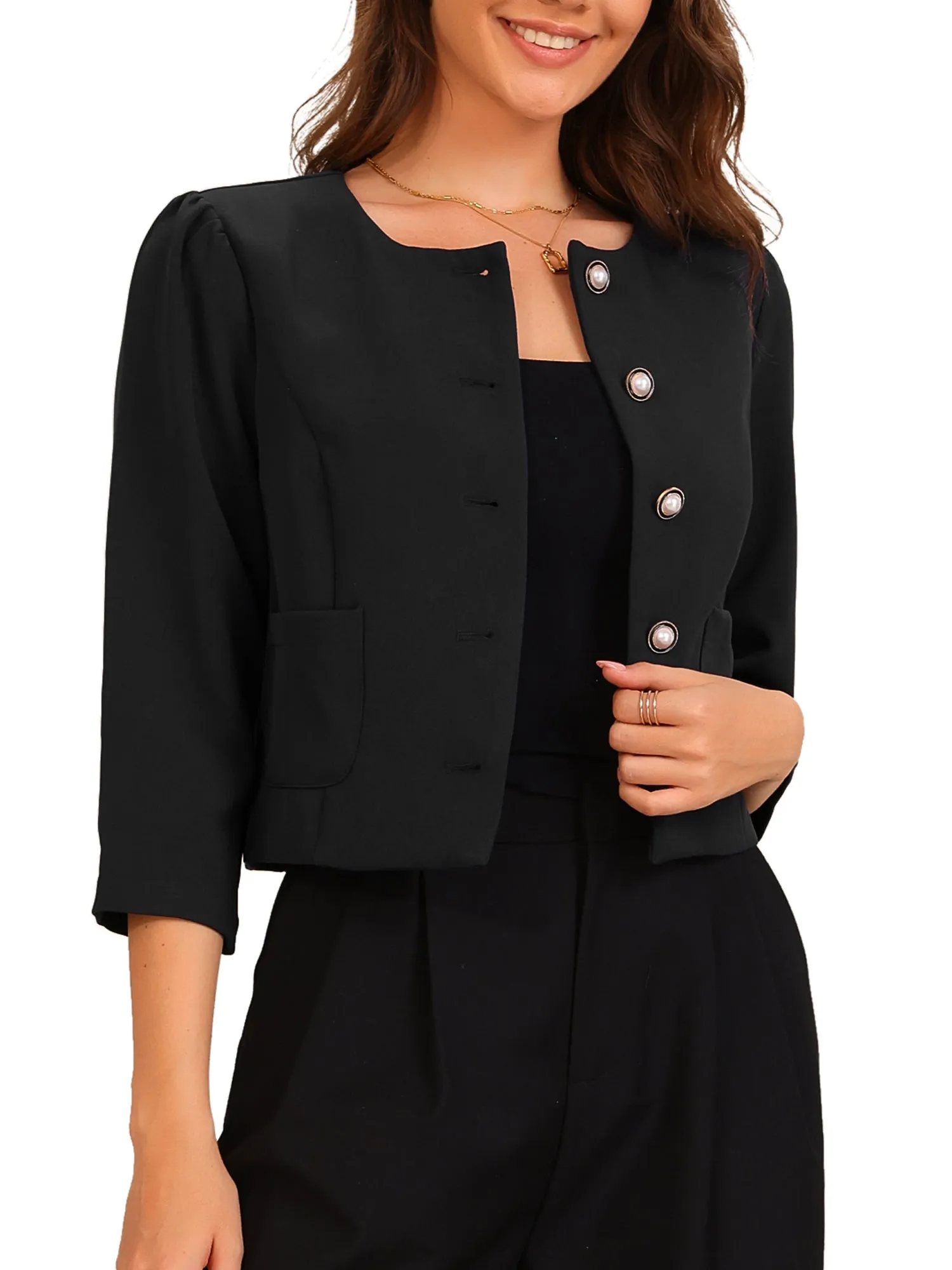 Collarless 3/4 Sleeve Lightweight Pockets Cropped Jacket