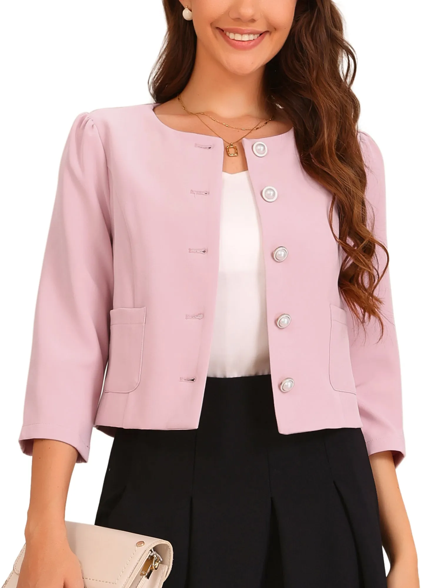 Collarless 3/4 Sleeve Lightweight Pockets Cropped Jacket