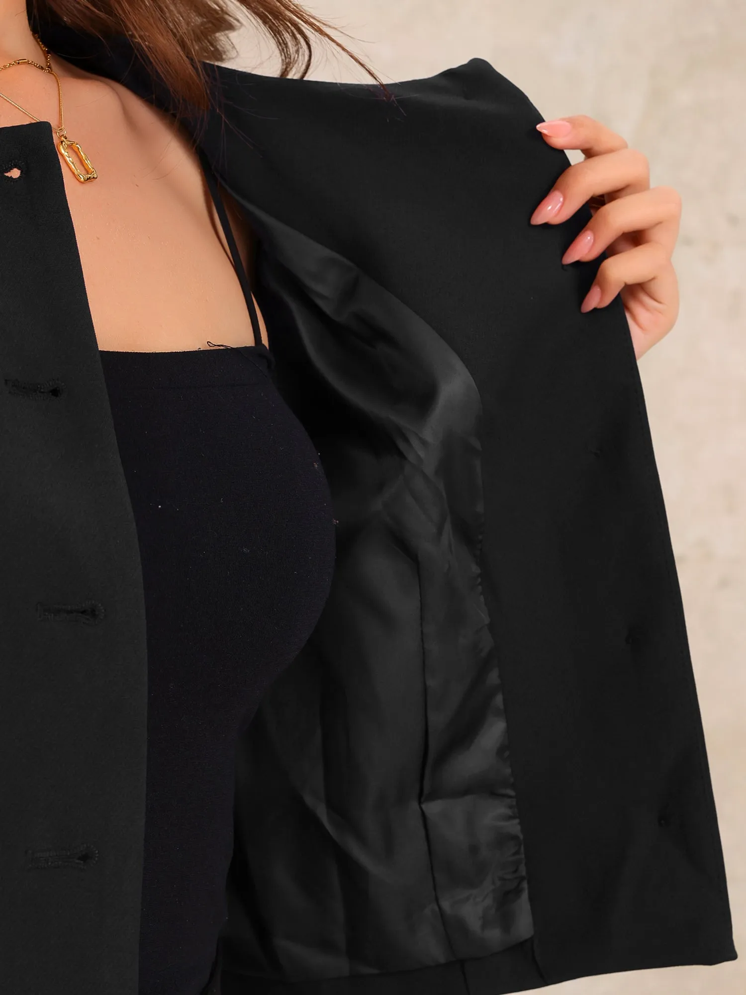 Collarless 3/4 Sleeve Lightweight Pockets Cropped Jacket
