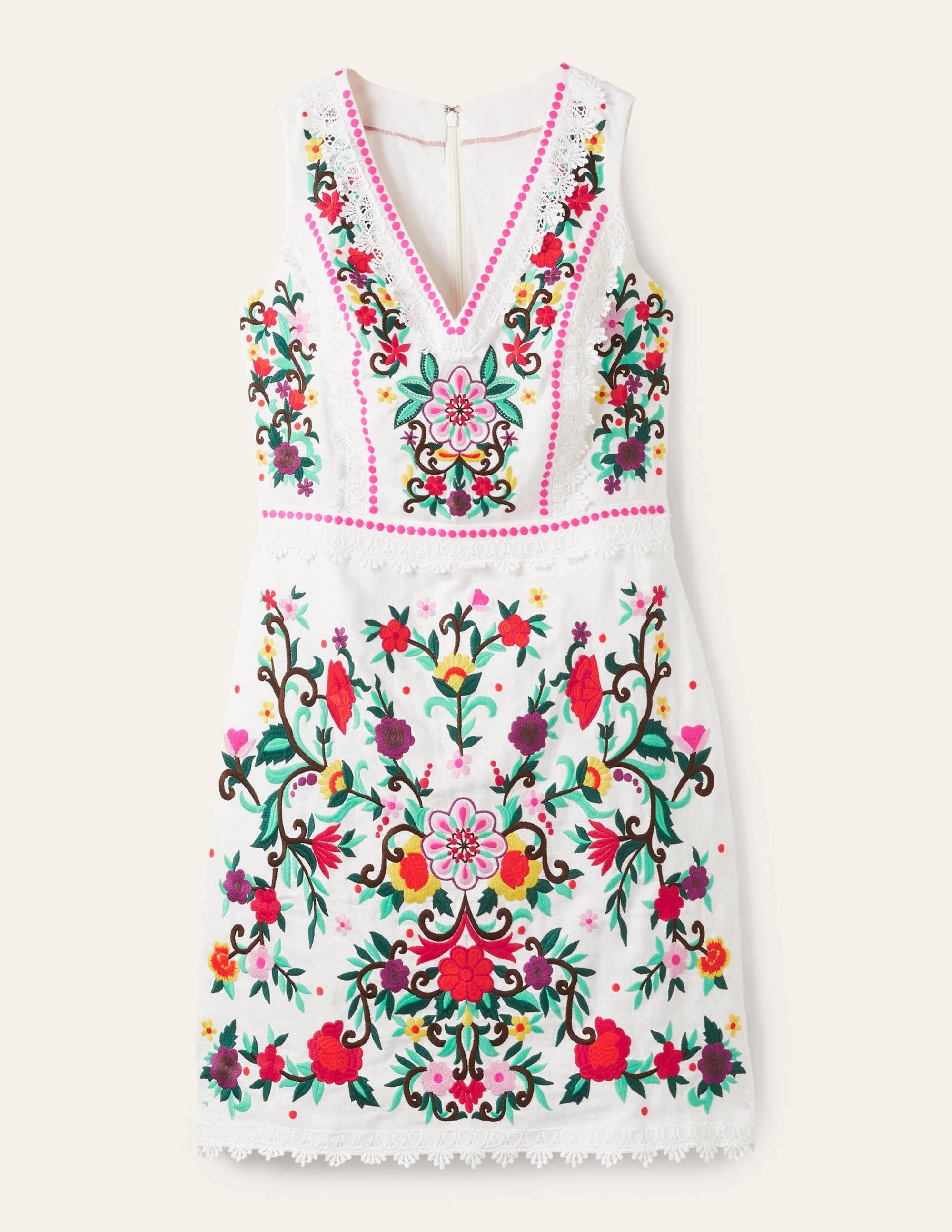 Connie Embroidered Linen Dress-White