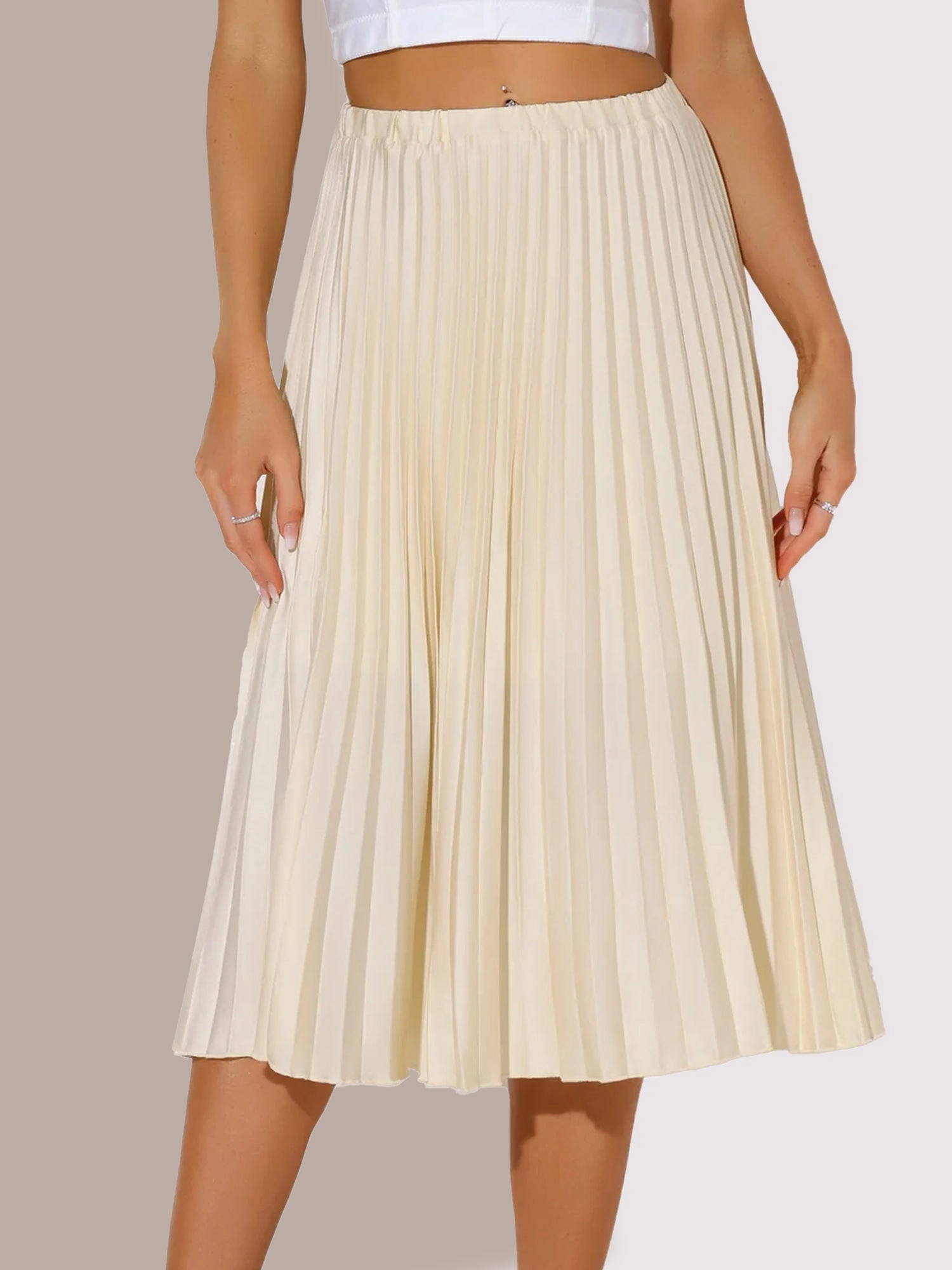 Elastic Waist Solid Color A-line Pleated Midi Skirt
