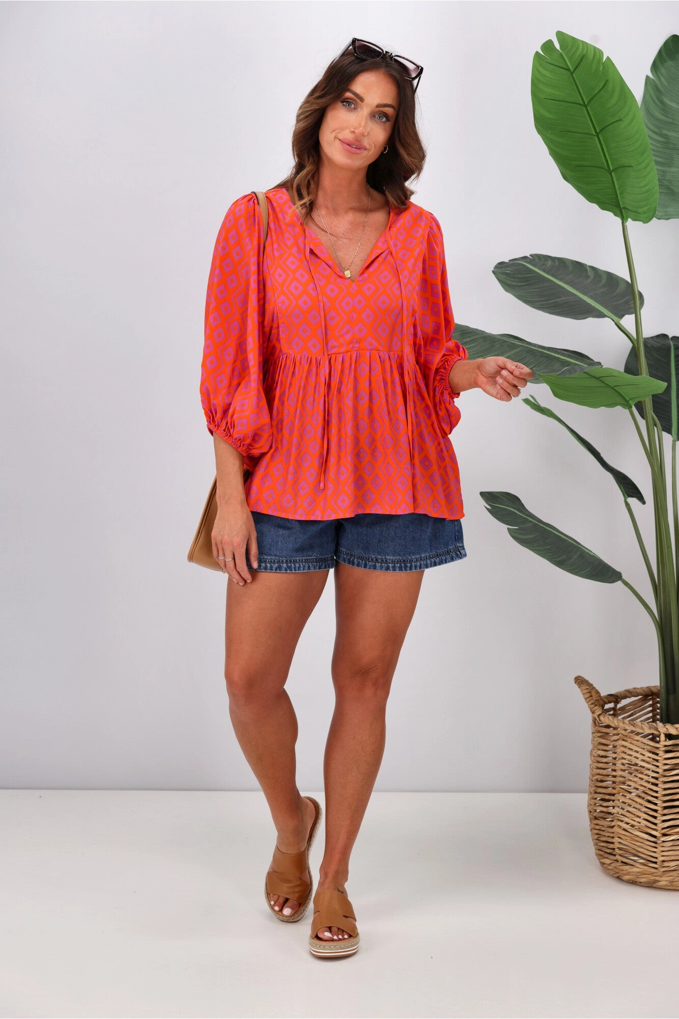 Gloss by Shine On Charlotte Balloon Sleeve Top Orange Purple Diamond Print