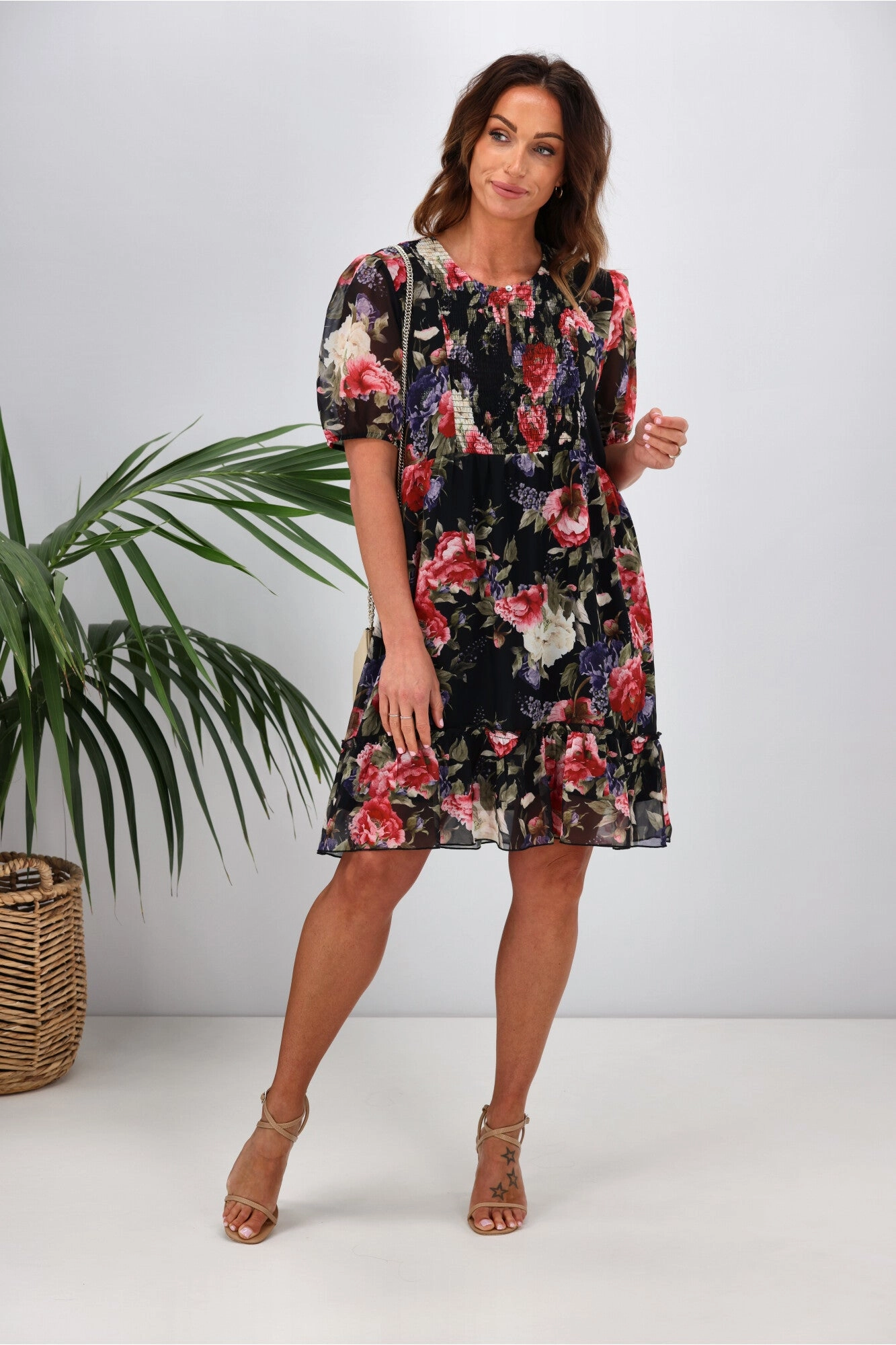 Gloss by Shine On Kelly Shirred Front Dress Black Floral