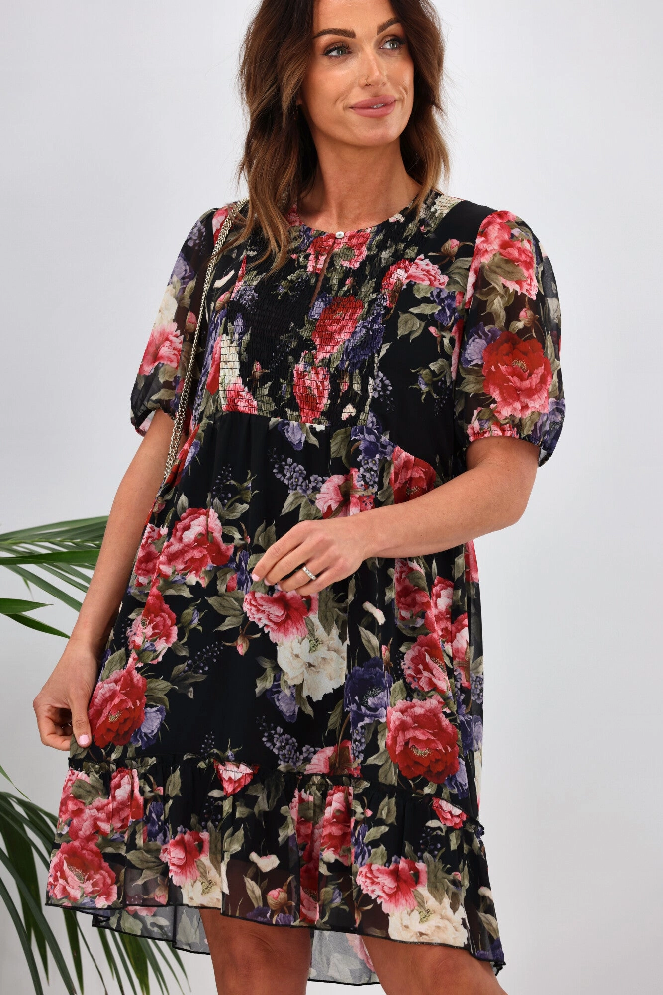 Gloss by Shine On Kelly Shirred Front Dress Black Floral