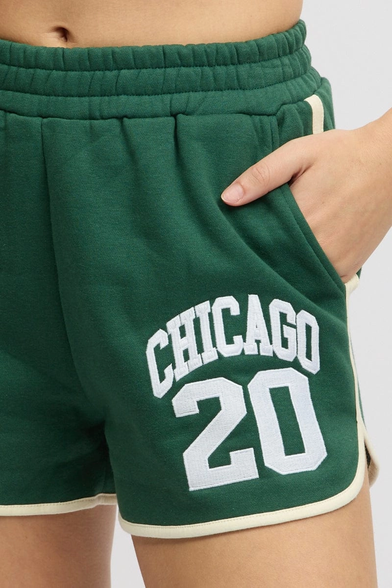 Green Track Shorts High Rise Elastic Waist