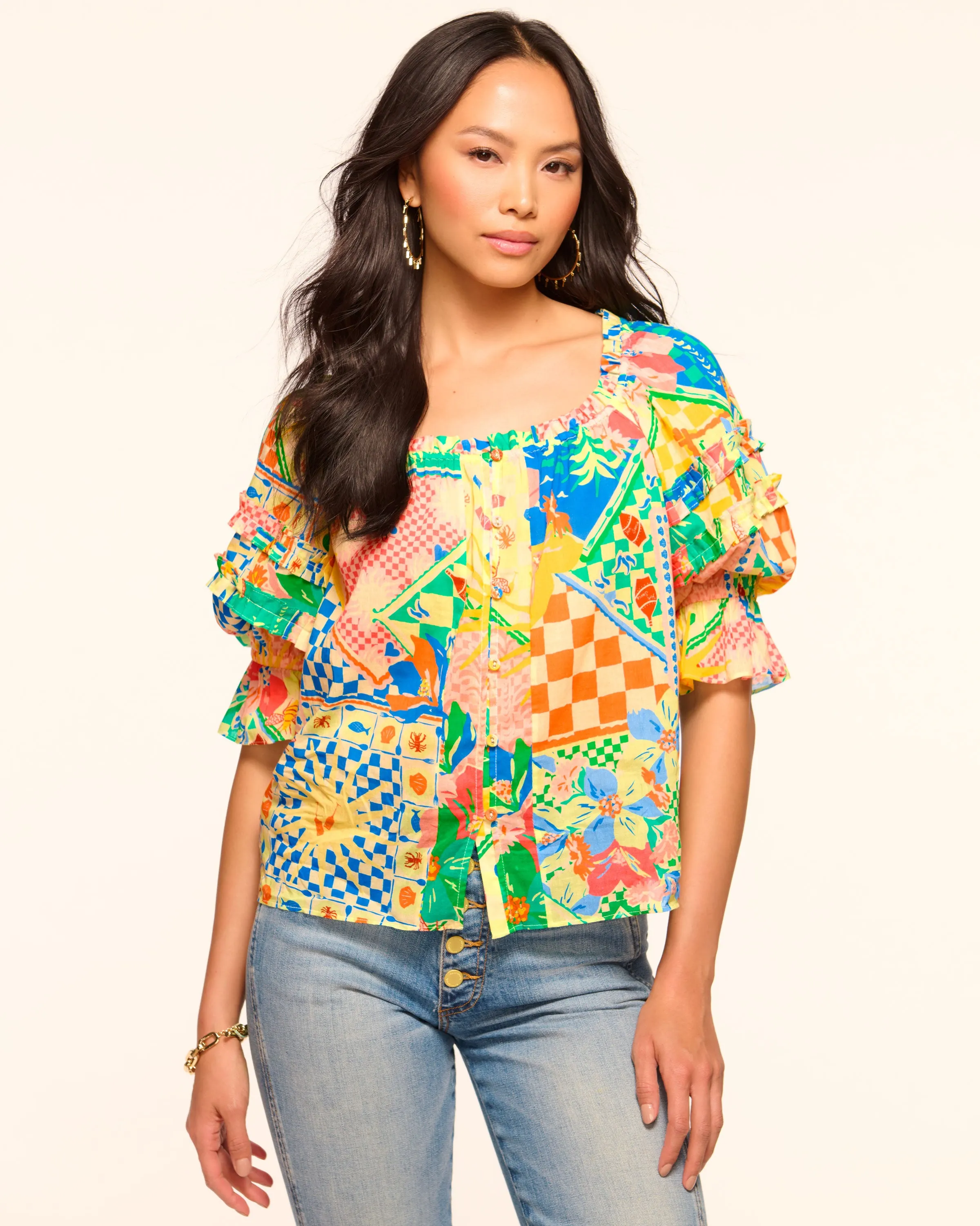 Lula Printed Cotton Off-The-Shoulder Blouse