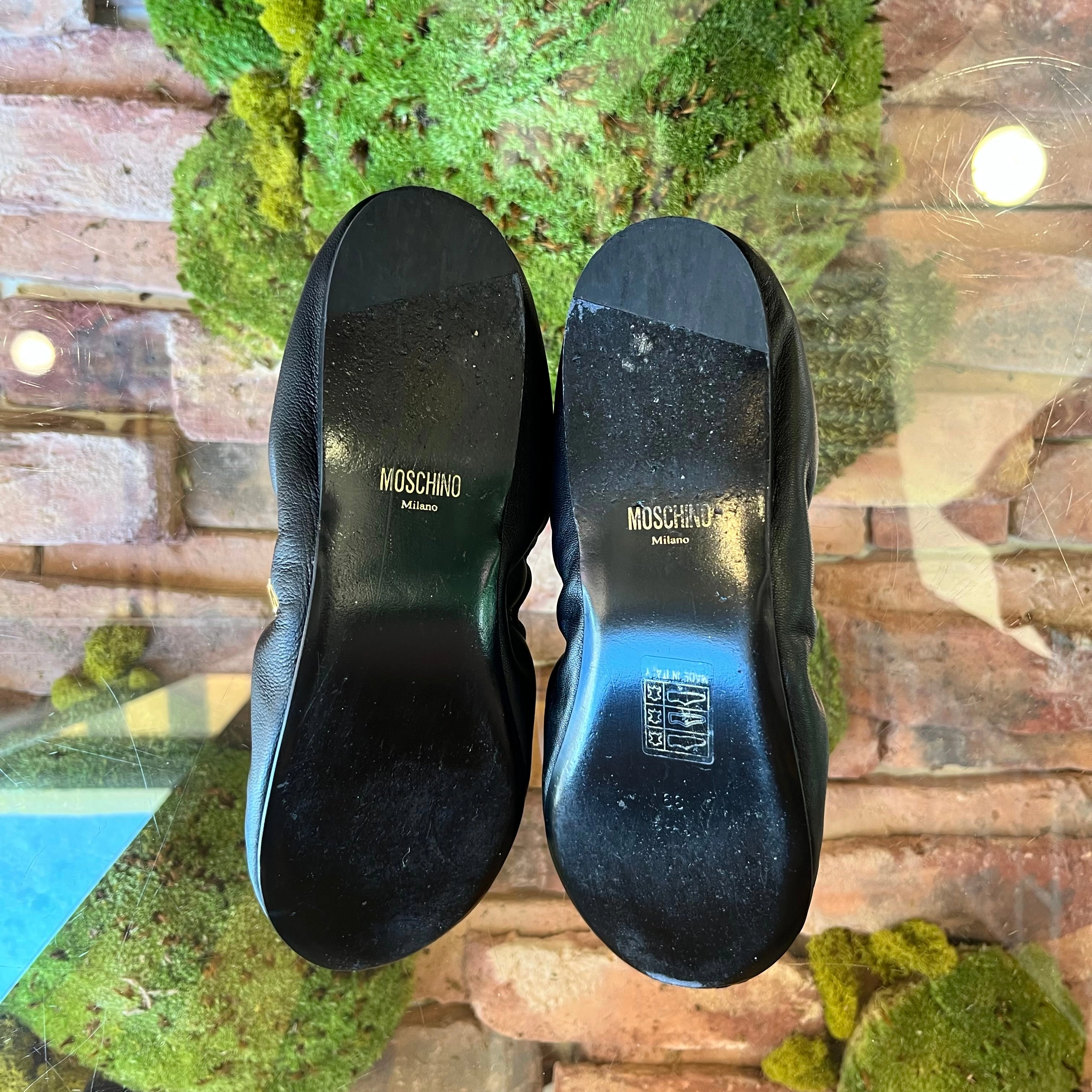 MOSCHINO Black Nappa Leather Logo Lettering Ballet Flats SZ39(9US) TS3931