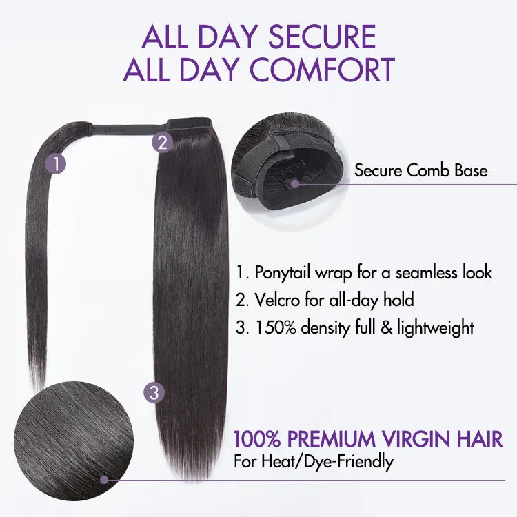 Natural Black Sleek Long Straight Wrap Around Ponytail Hair Extension Virgin Hair