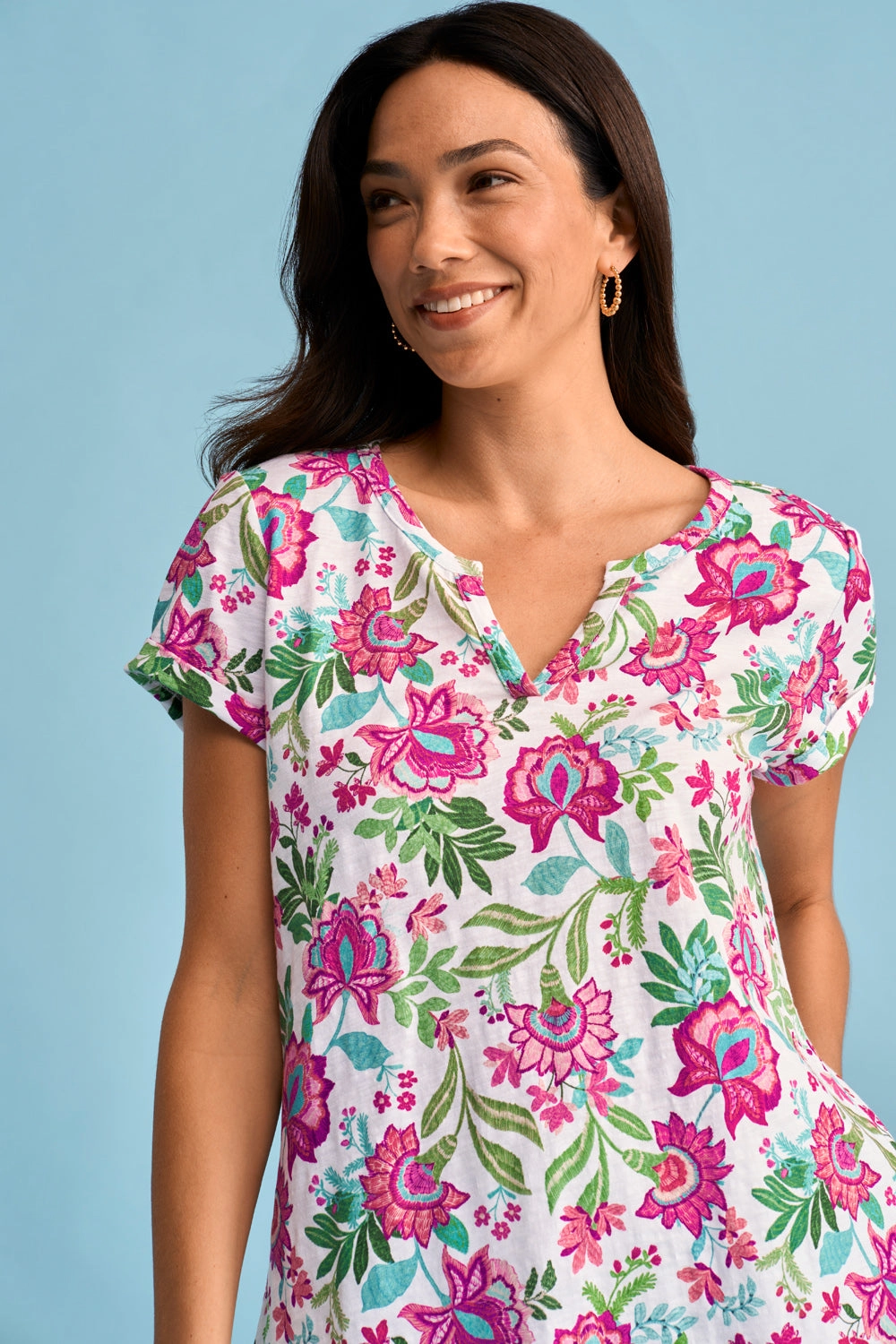 Notch Neck Cotton Tee - Textured Floral