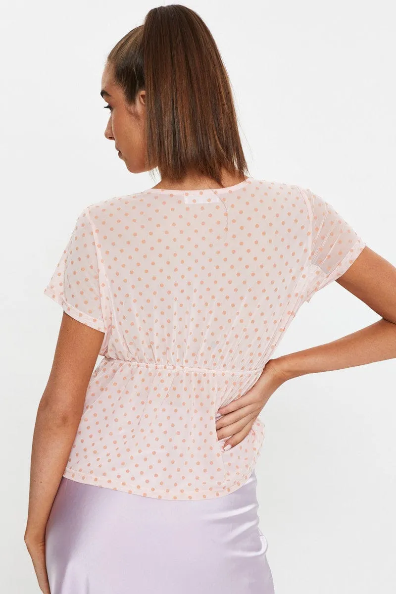 Pink Short Puff Sleeve Jersey Mesh Spot Flare Hem Top