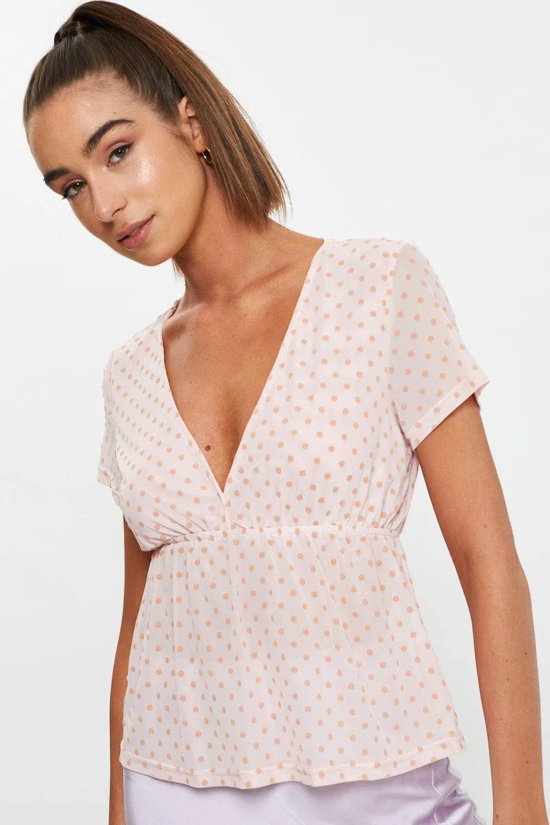 Pink Short Puff Sleeve Jersey Mesh Spot Flare Hem Top