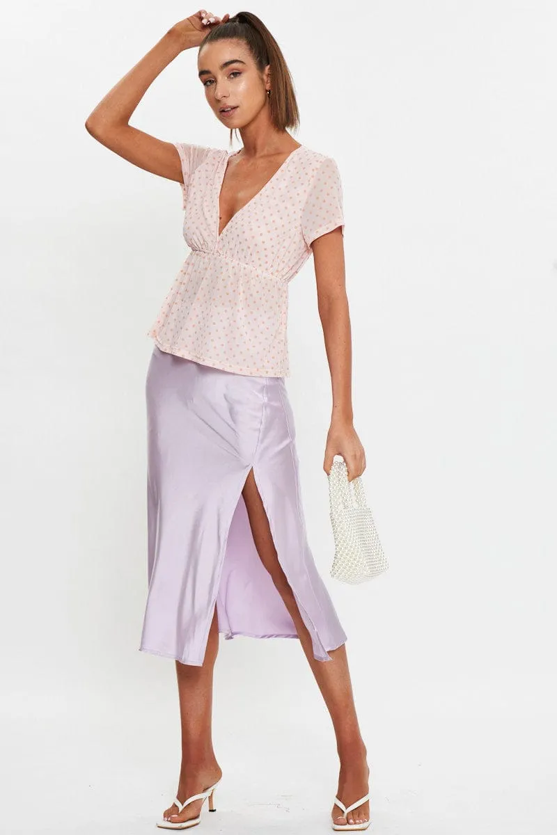 Pink Short Puff Sleeve Jersey Mesh Spot Flare Hem Top