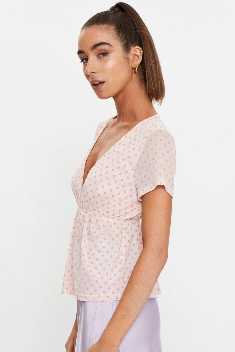 Pink Short Puff Sleeve Jersey Mesh Spot Flare Hem Top