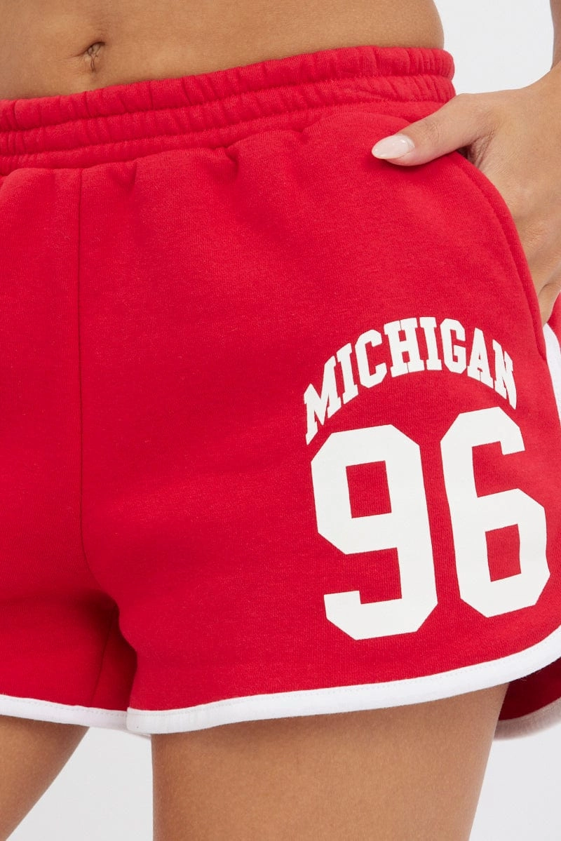 Red Track Shorts High Rise Elastic Waist