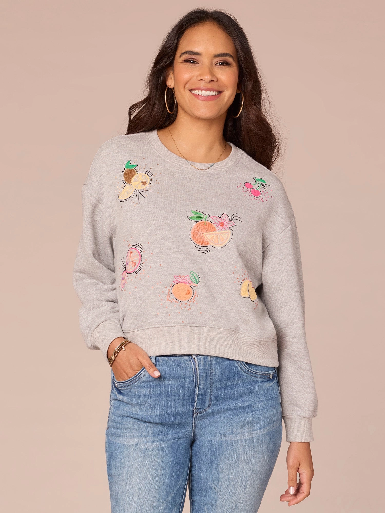Three Quarter Sleeve Scoop Neck Embroidered Banded Hem Knit Sweatshirt