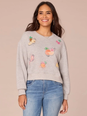 Three Quarter Sleeve Scoop Neck Embroidered Banded Hem Knit Sweatshirt