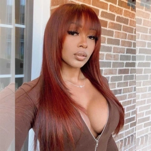 Tuneful Layered Cut With Bang Auburn Colored Glueless Human Hair Wig