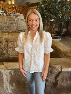White Embroidered Detail Short Sleeve Top