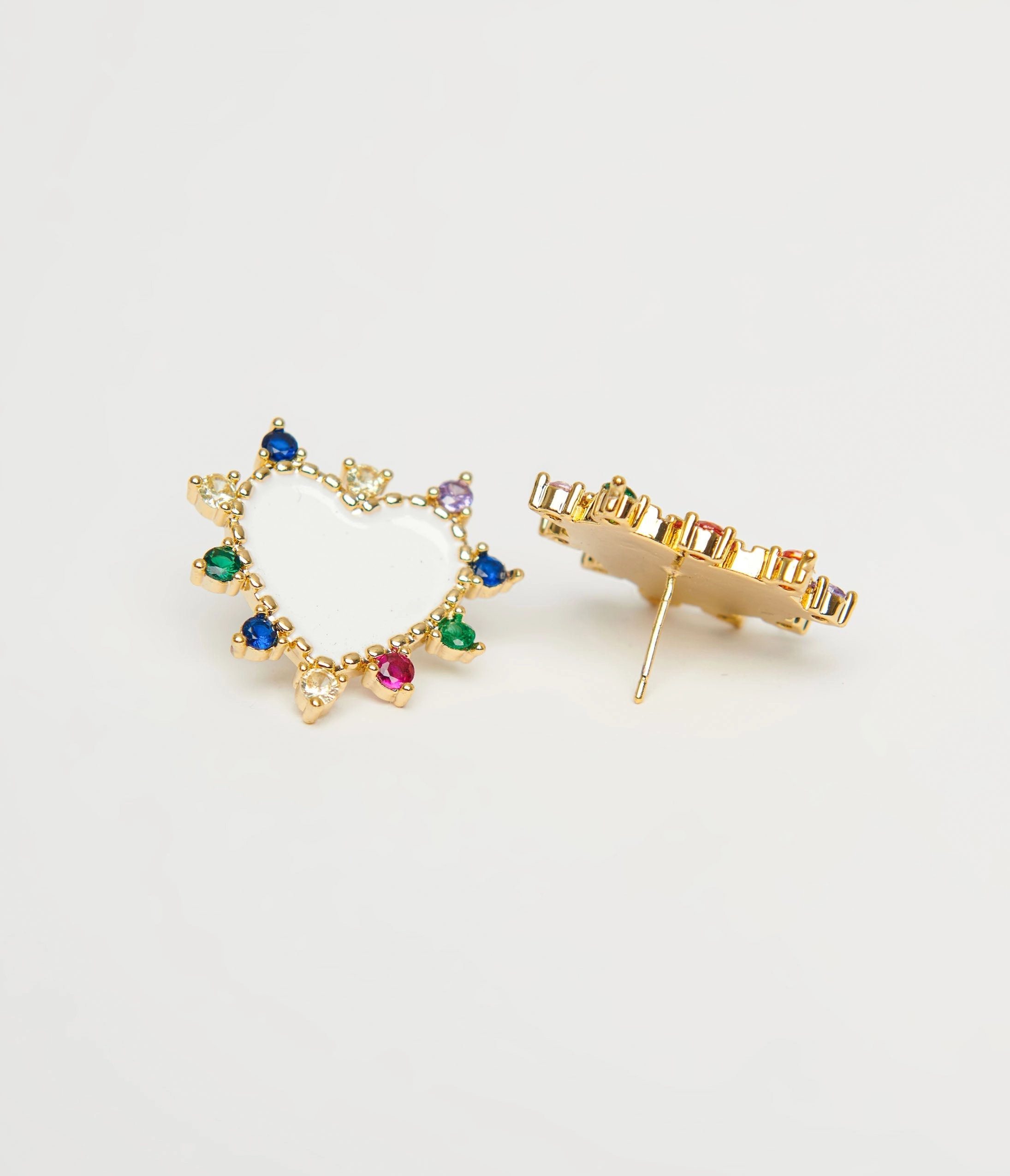 White Heart & Multicolor Stone Stud Earrings