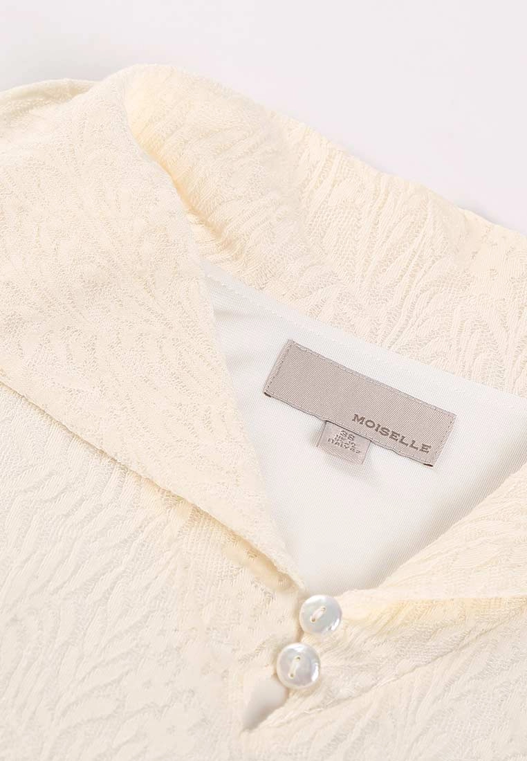 White Wide Collar Jacquard Knit Long Sleeve Top