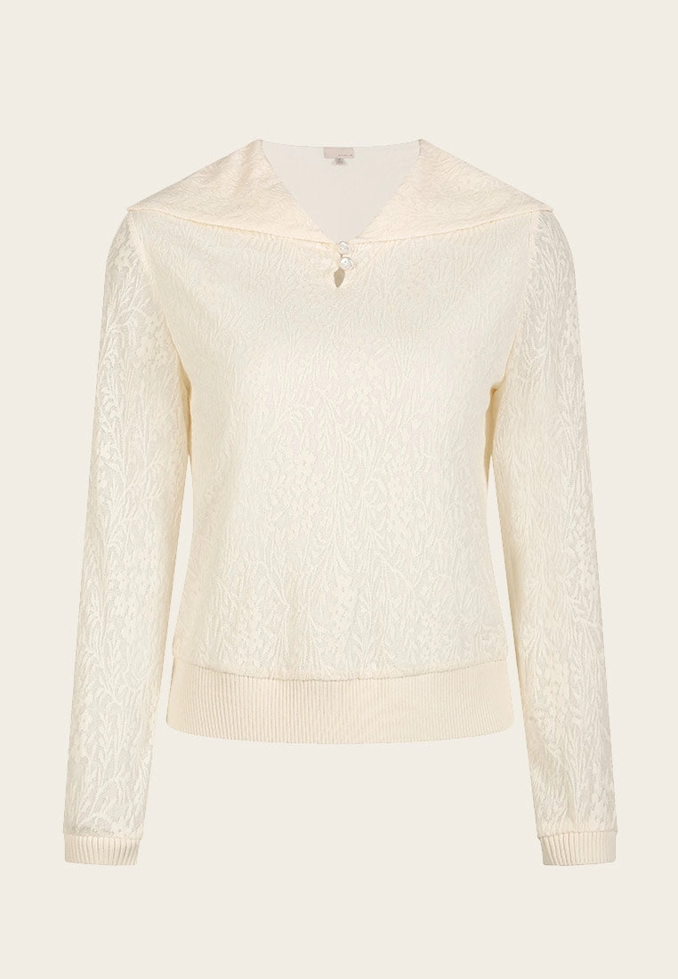 White Wide Collar Jacquard Knit Long Sleeve Top