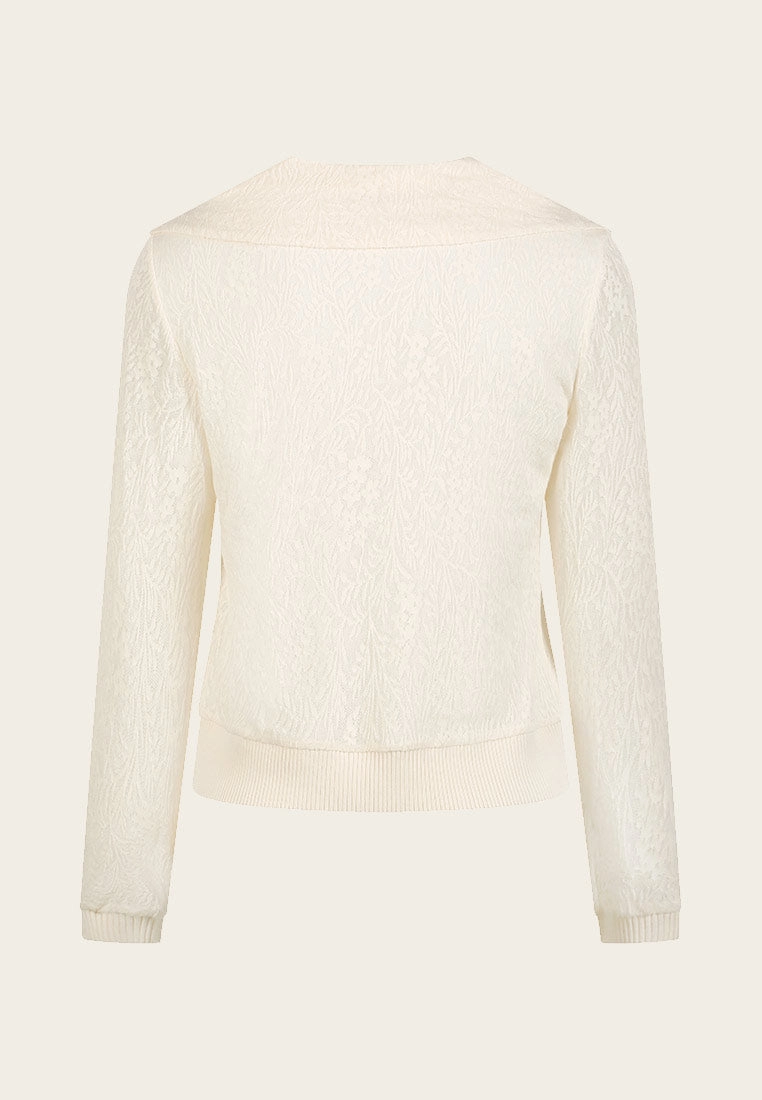 White Wide Collar Jacquard Knit Long Sleeve Top