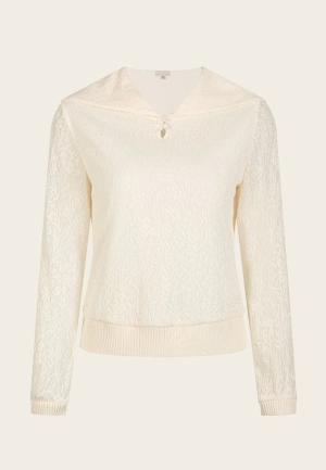 White Wide Collar Jacquard Knit Long Sleeve Top