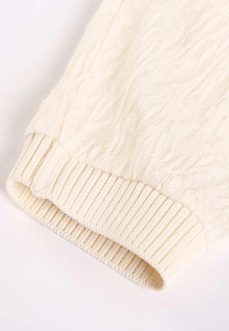 White Wide Collar Jacquard Knit Long Sleeve Top