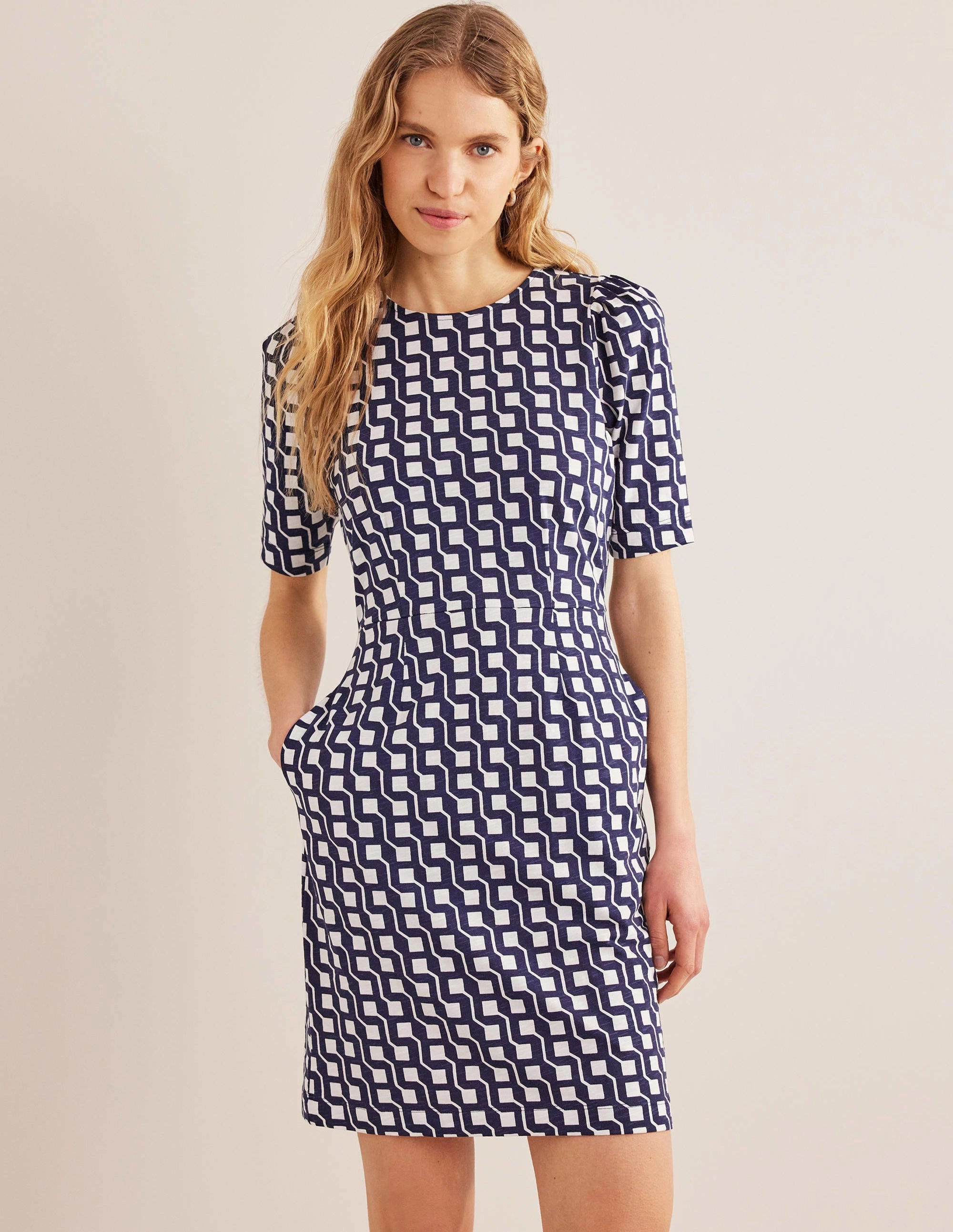 Zoe Jersey Dress-Navy, Cube Geo