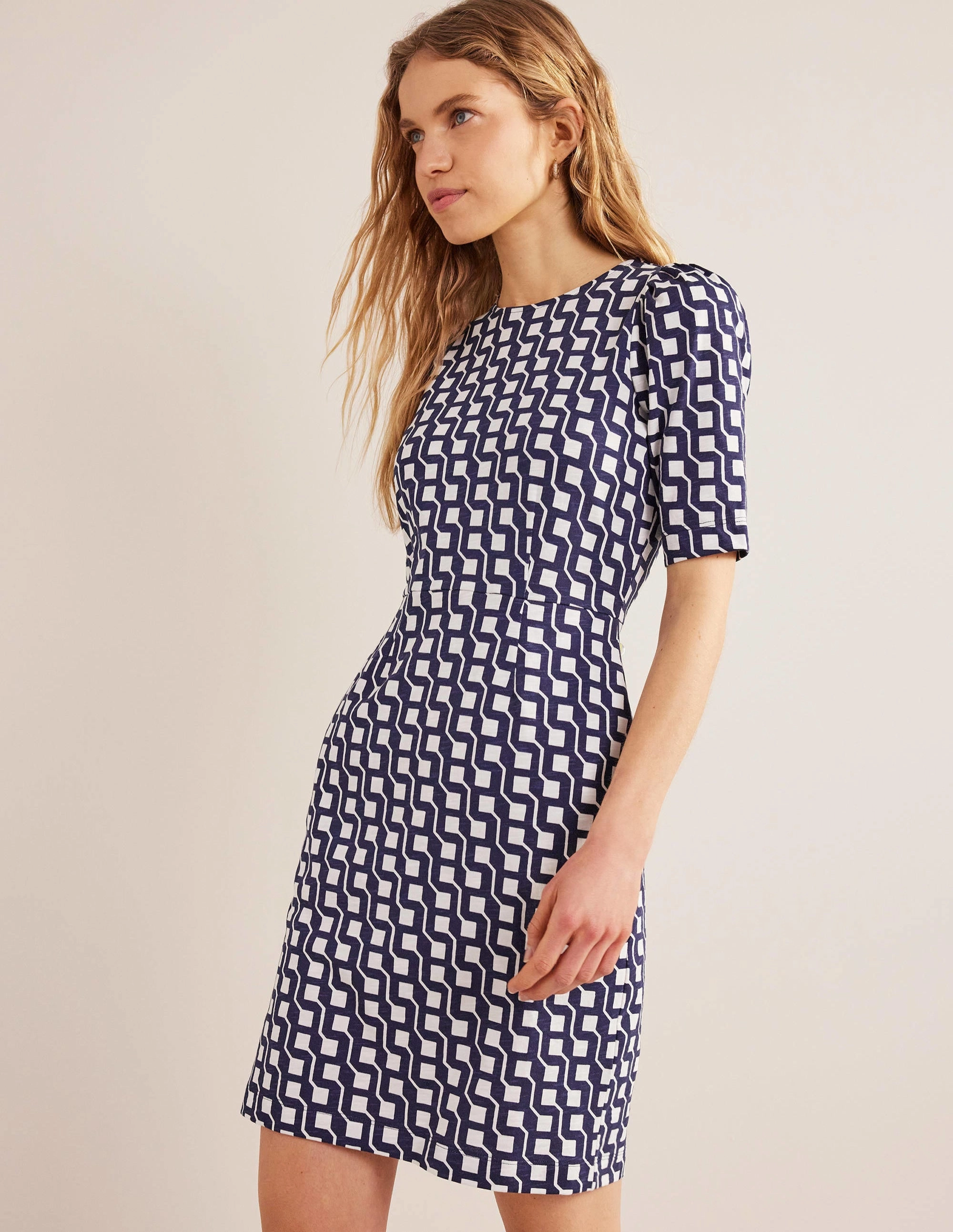 Zoe Jersey Dress-Navy, Cube Geo